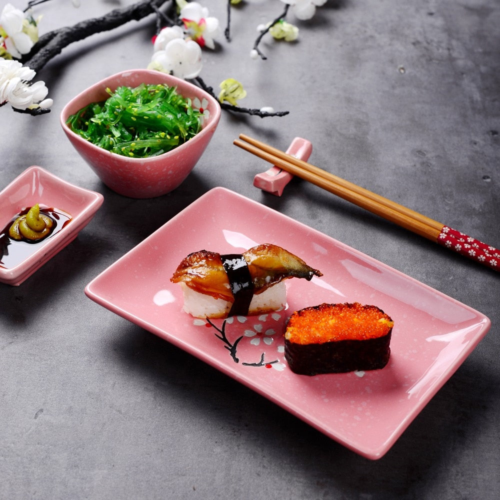 Sushi Plates, Dipping Dish, Sauce Bowls and Chopsticks Set Keiko Osaka Street Market