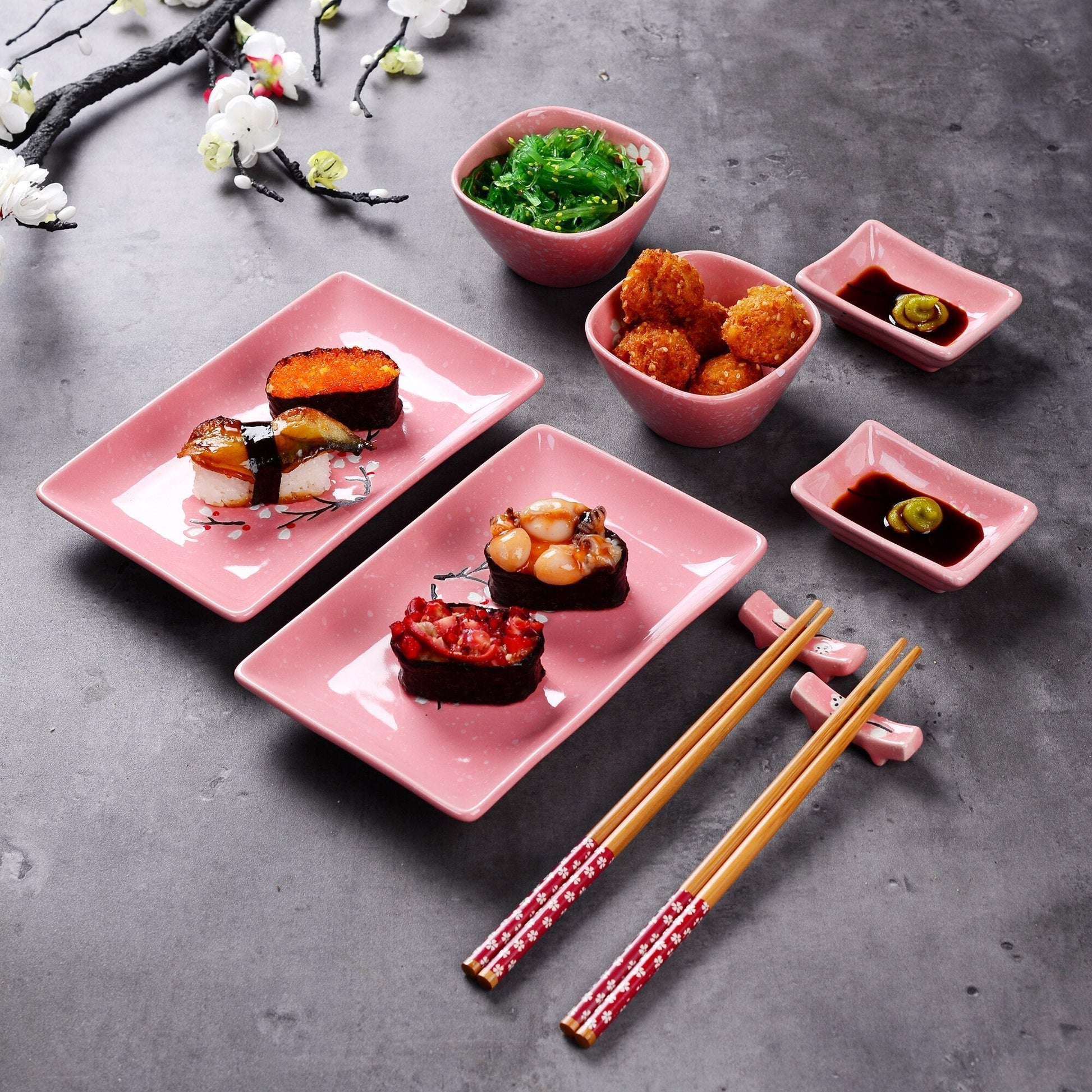Sushi Plates, Dipping Dish, Sauce Bowls and Chopsticks Set Keiko Osaka Street Market