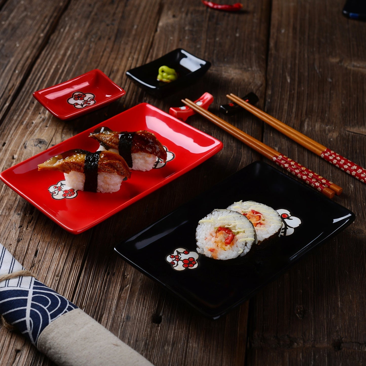 Sushi Plates, Dipping Dish and Chopsticks Set Kiki II Osaka Street Market